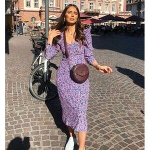 Zara Ditsy Floral Puff Sleeve Midi Dress XS Pink Purple Cottage Romantic
